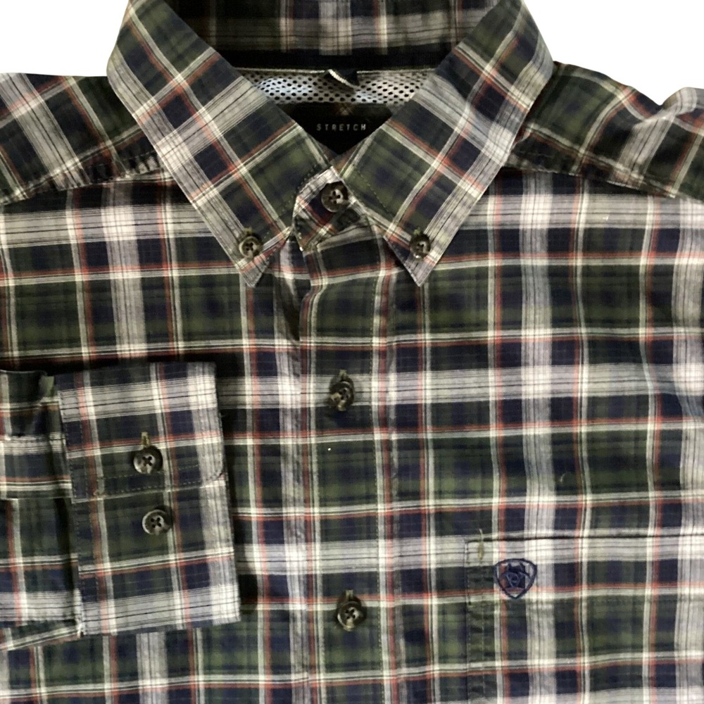 Ariat Pro Series Stretch Mens Medium Green Plaid‎ Long Sleeve Button Down Shirt